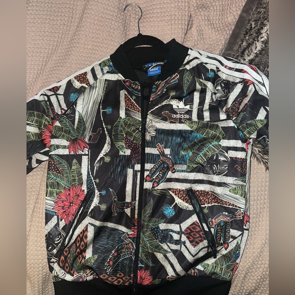 Adidas Black Jacket with Colorful Floral Design